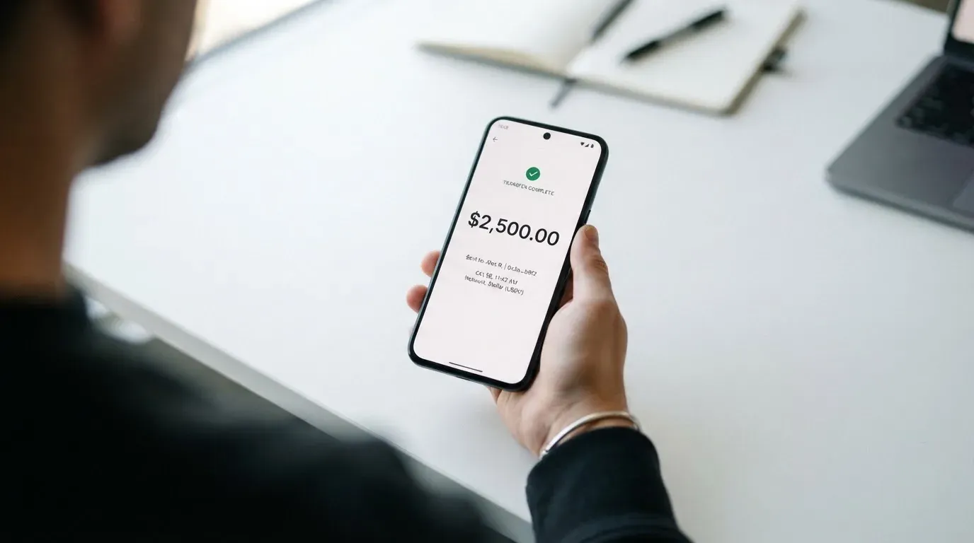 A phone showing a stablecoin transfer screen