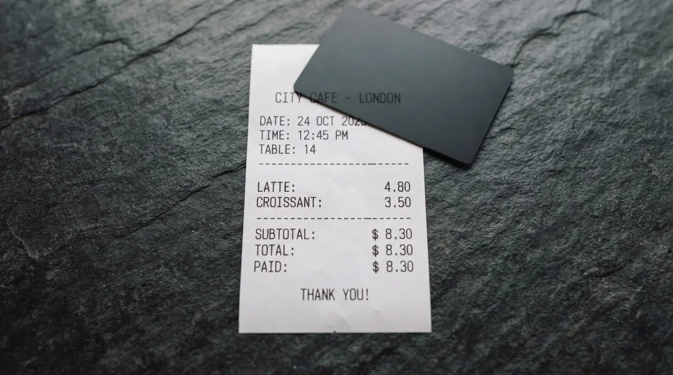 A receipt and a card on a café table