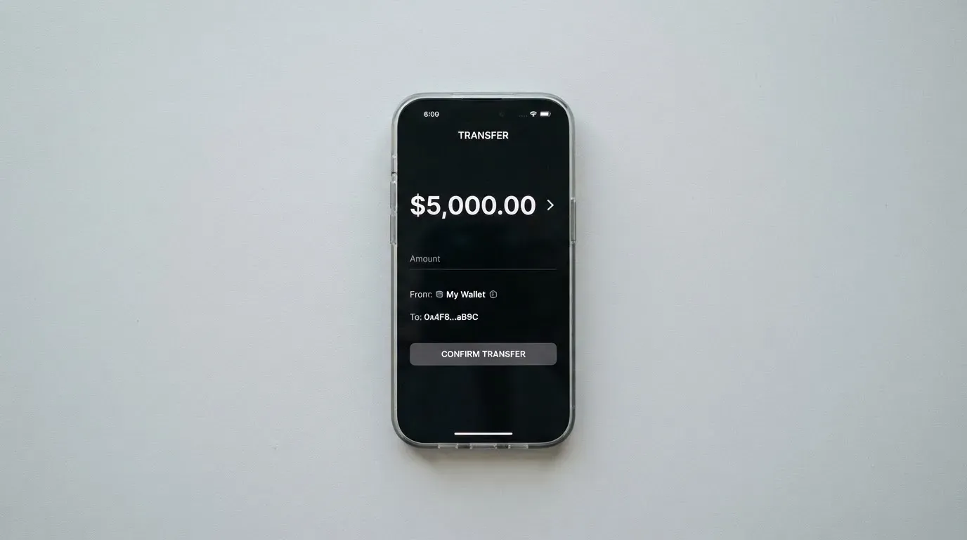 A phone showing a stablecoin transfer screen