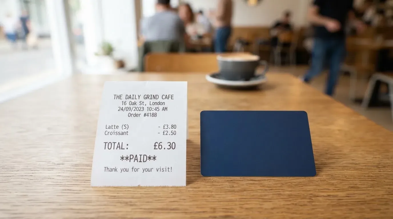 A receipt and a card on a café table