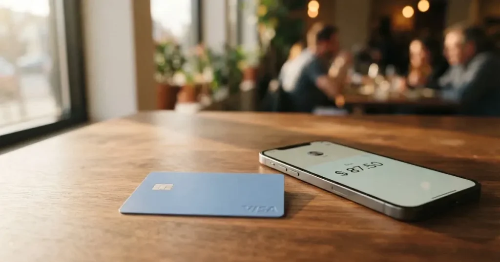 A payment card next to a phone with a crypto wallet app open