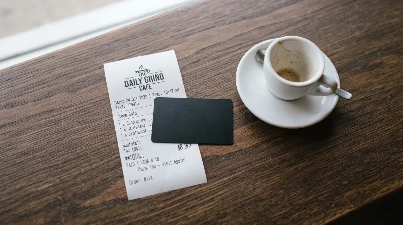 A receipt and a card on a café table