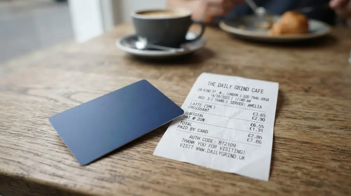 A receipt and a card on a café table