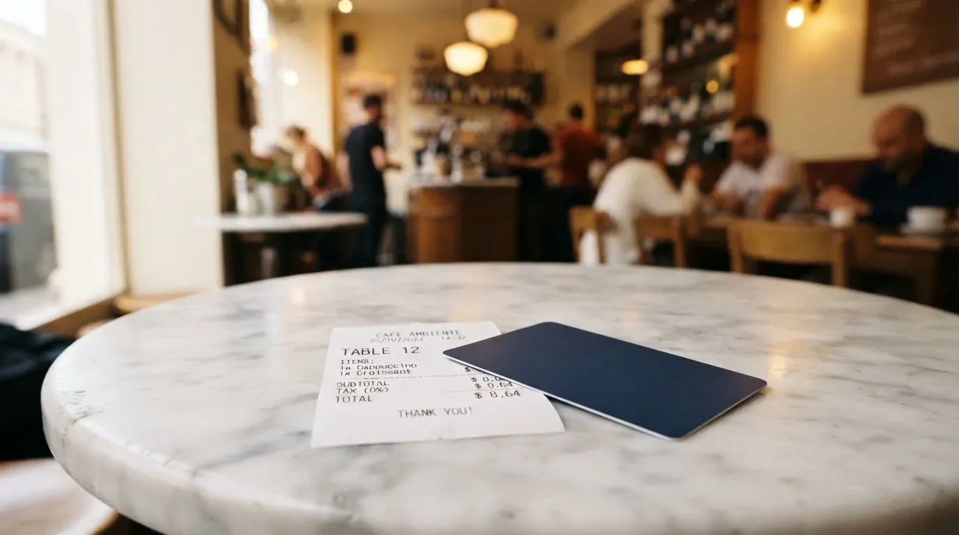 A receipt and a card on a café table