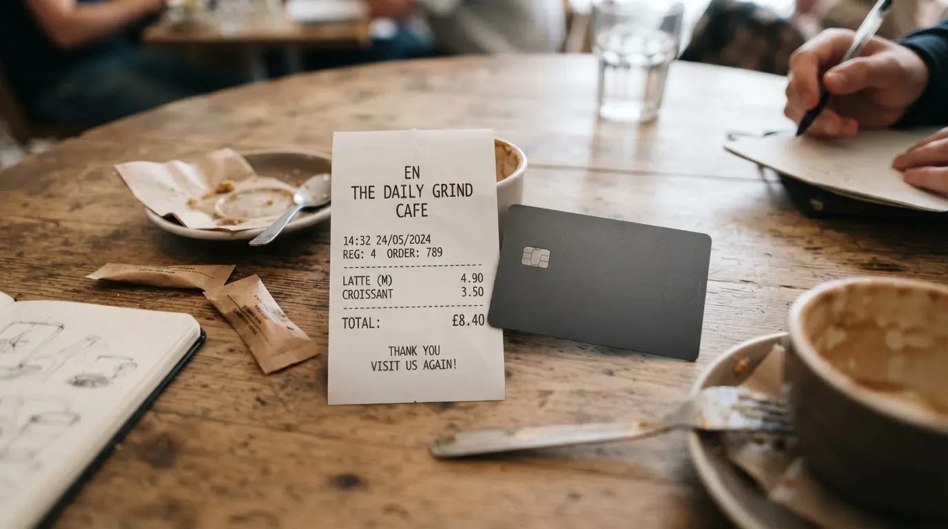 A receipt and a card on a café table