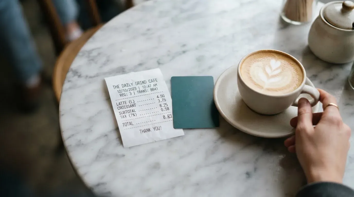 A receipt and a card on a café table