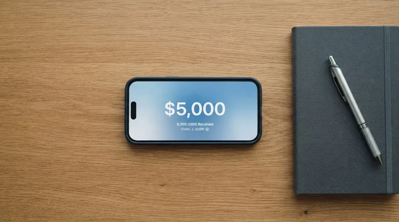 A phone showing a stablecoin transfer screen