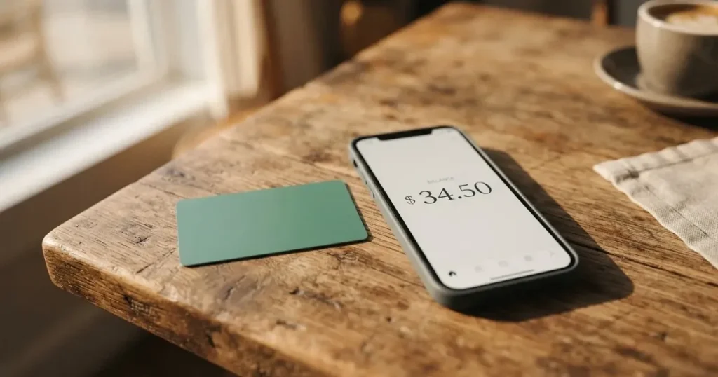 A payment card next to a phone with a crypto wallet app open