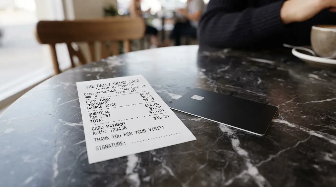 A receipt and a card on a café table