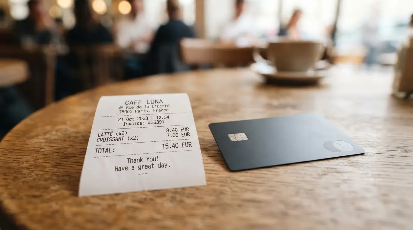 A receipt and a card on a café table
