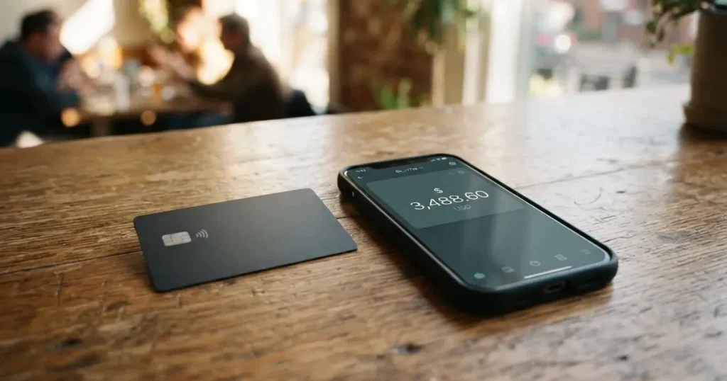 A payment card next to a phone with a crypto wallet app open
