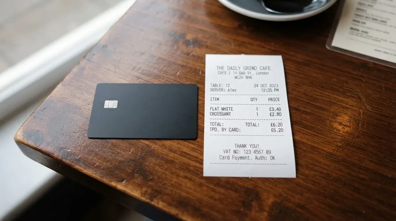A receipt and a card on a café table