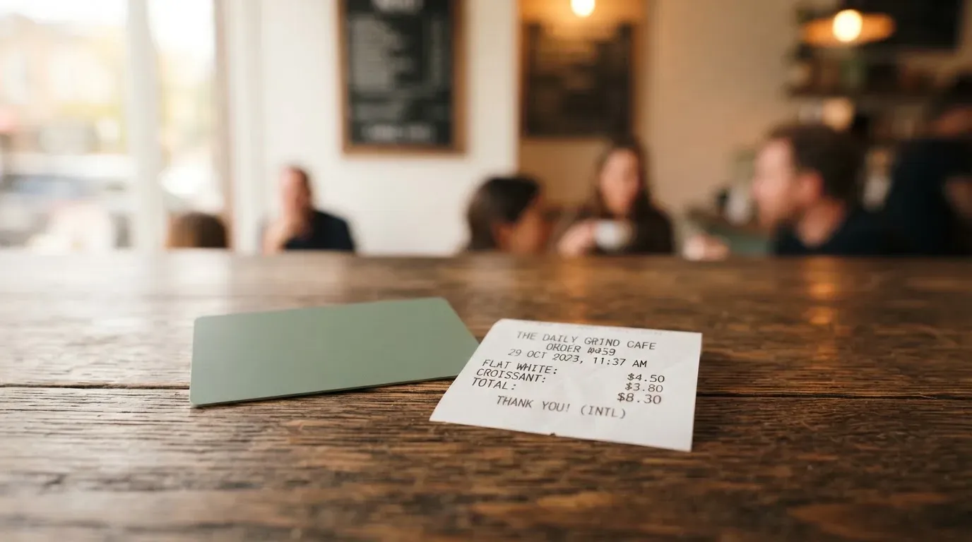 A receipt and a card on a café table