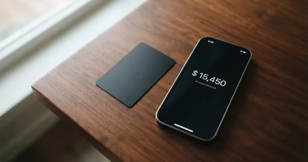 A payment card next to a phone with a crypto wallet app open