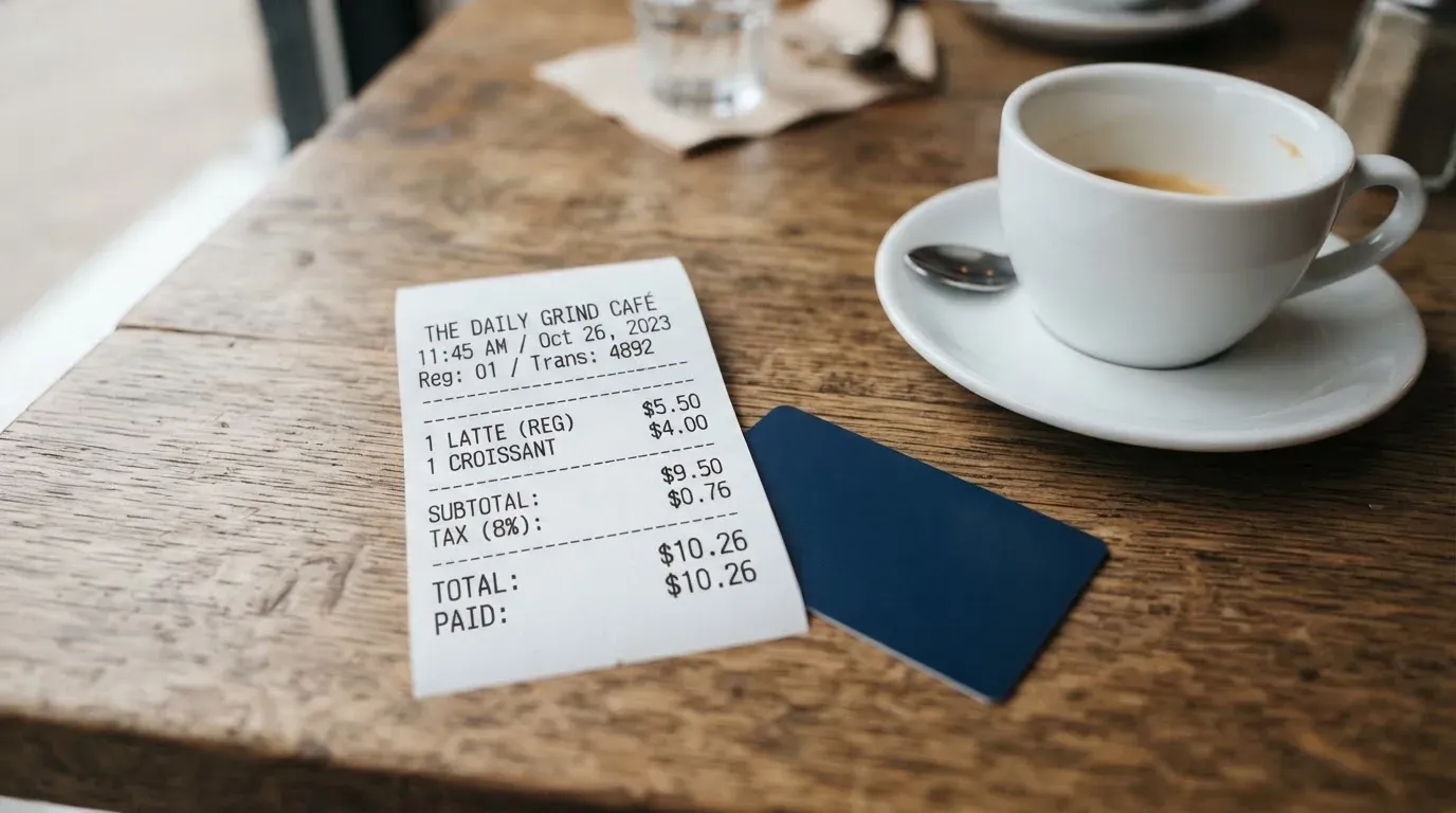 A receipt and a card on a café table