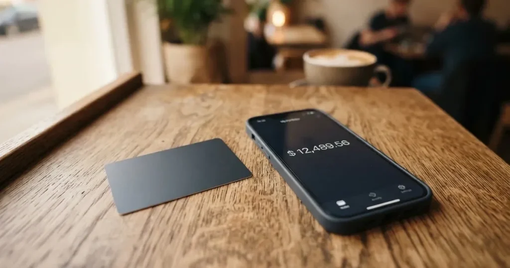 A payment card next to a phone with a crypto wallet app open