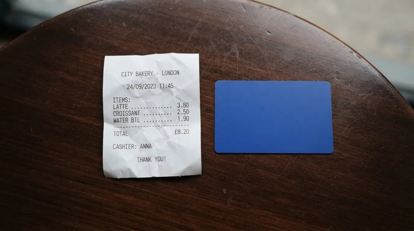 A receipt and a card on a café table