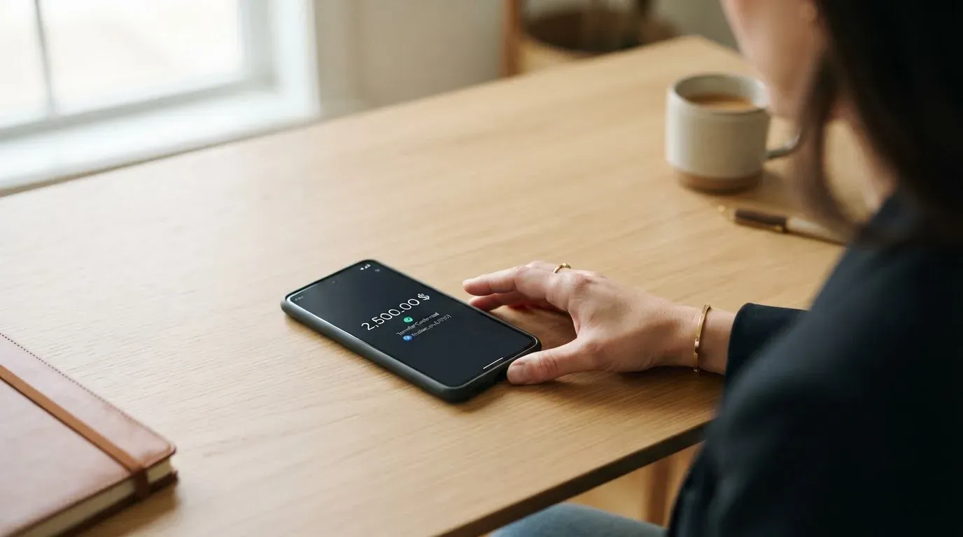 A phone showing a stablecoin transfer screen