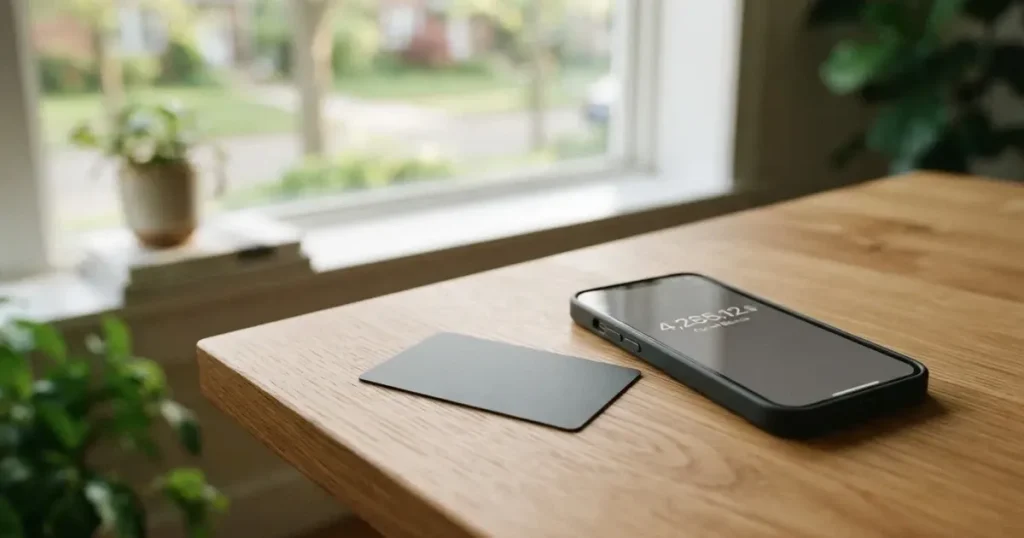 A payment card next to a phone with a crypto wallet app open