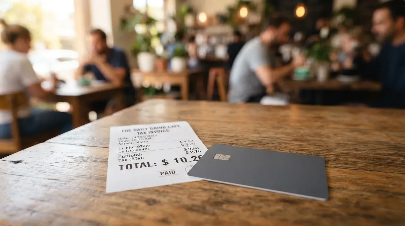 A receipt and a card on a café table