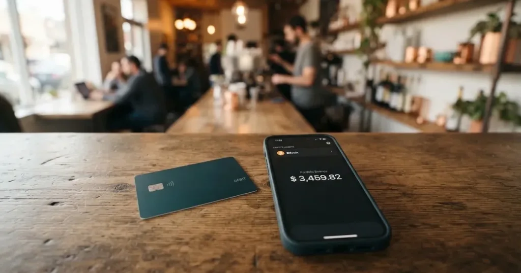 A payment card next to a phone with a crypto wallet app open