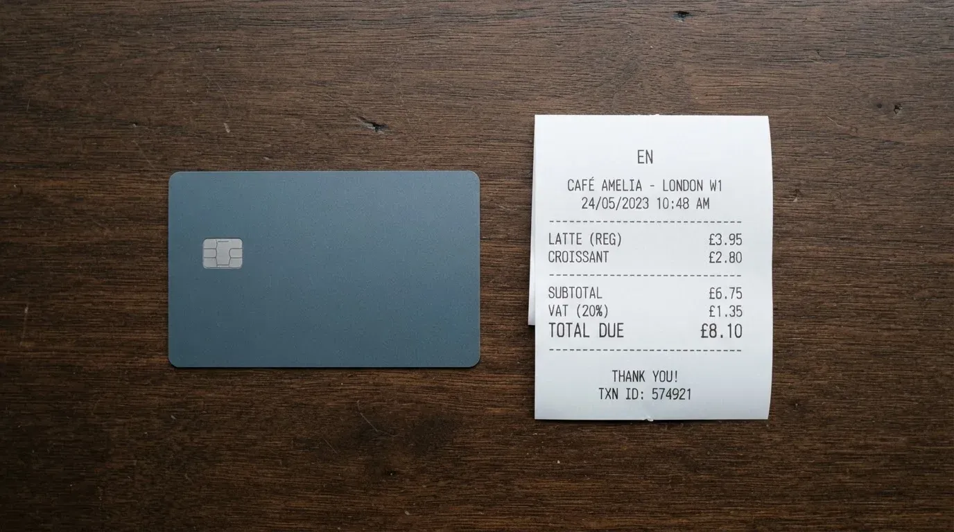 A receipt and a card on a café table