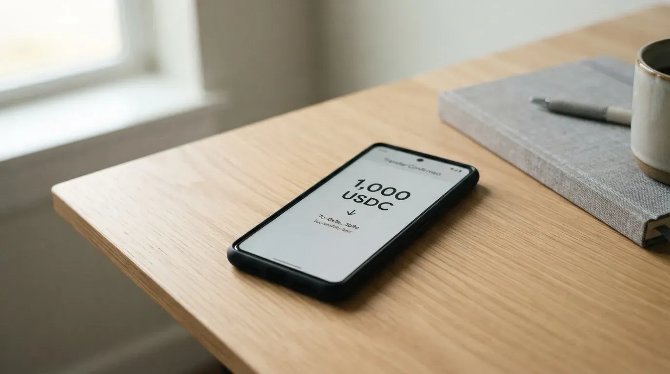 A phone showing a stablecoin transfer screen