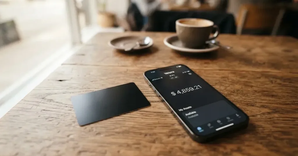 A payment card next to a phone with a crypto wallet app open
