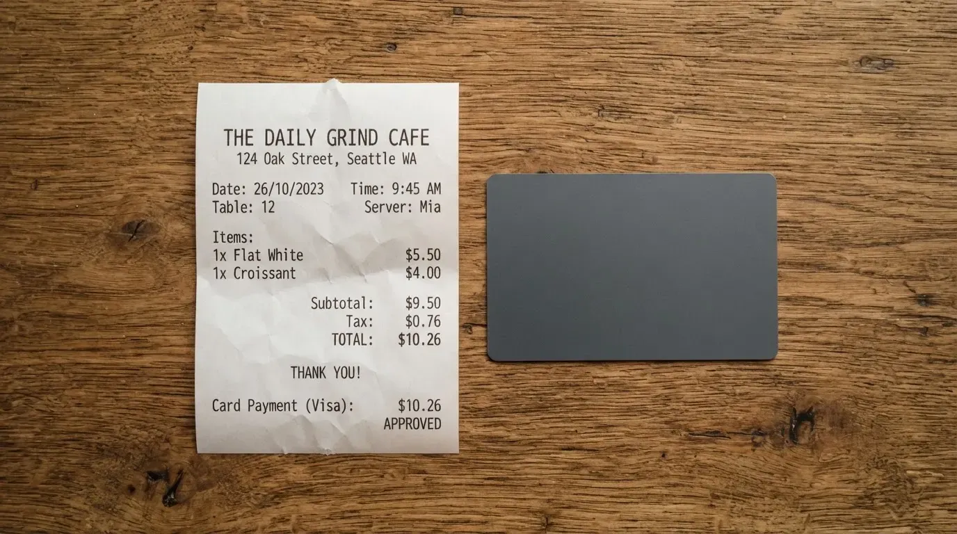 A receipt and a card on a café table