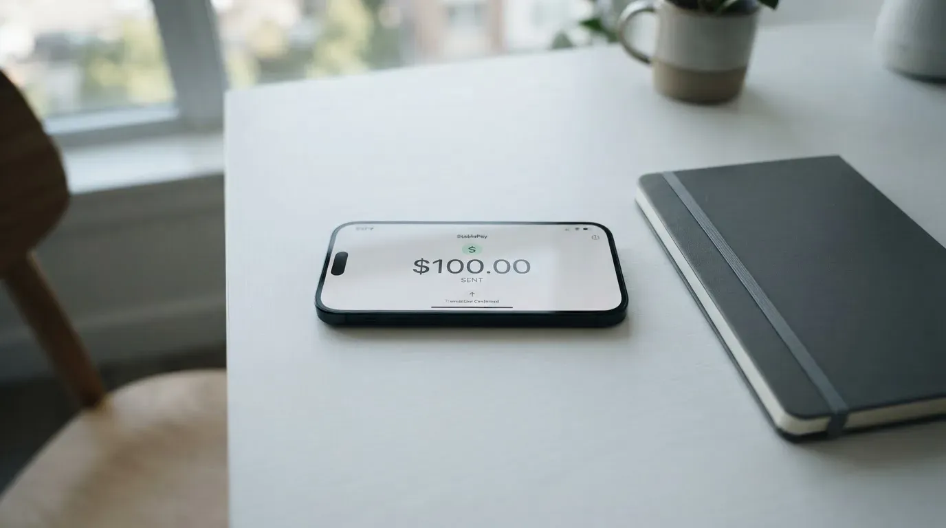 A phone showing a stablecoin transfer screen