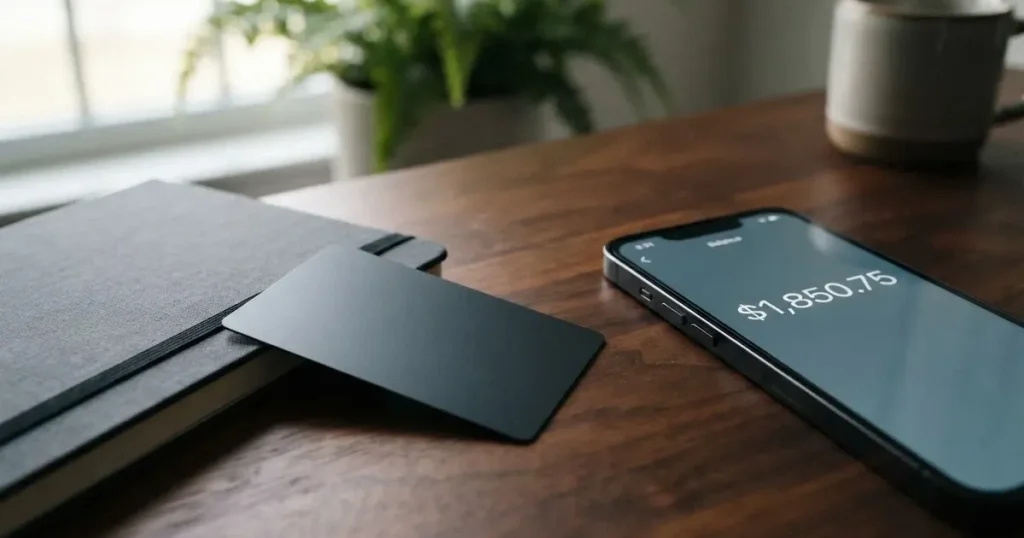 A payment card next to a phone with a crypto wallet app open