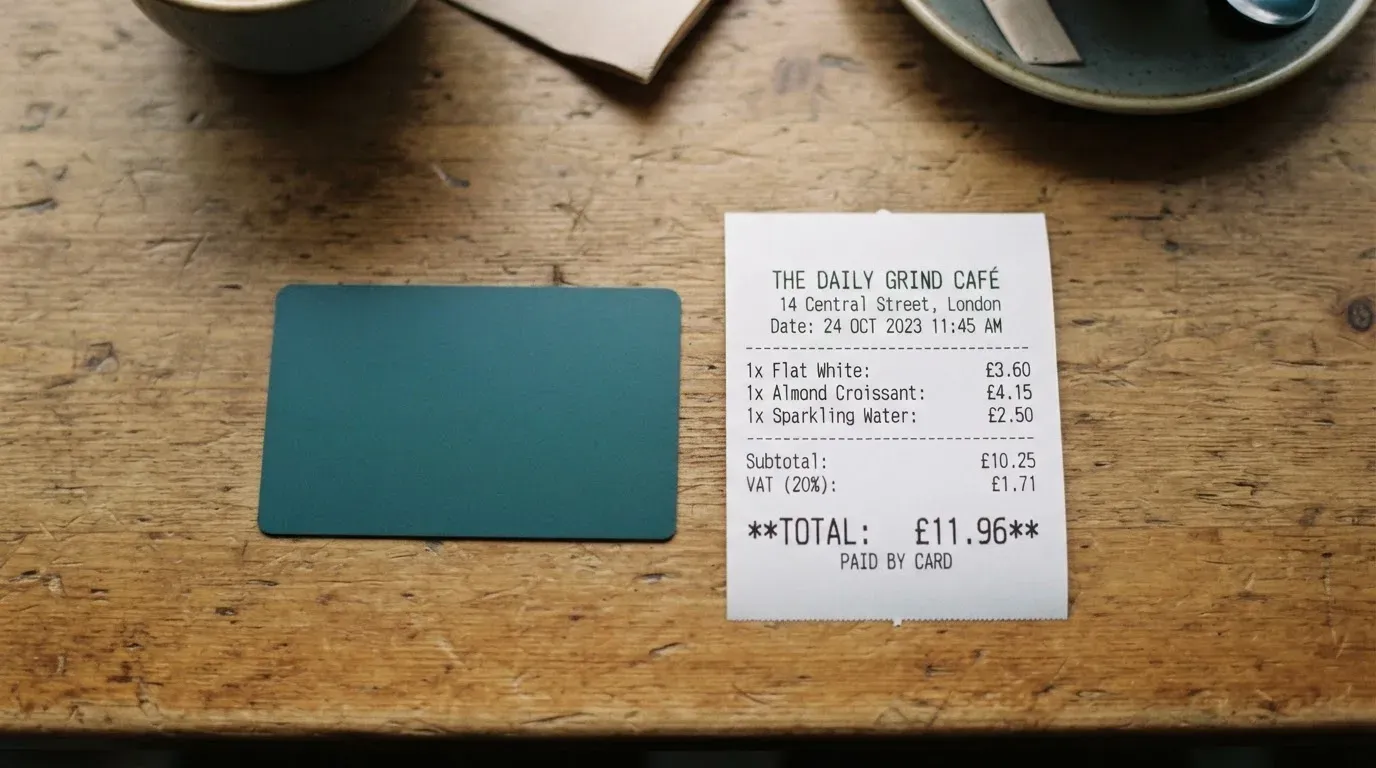 A receipt and a card on a café table