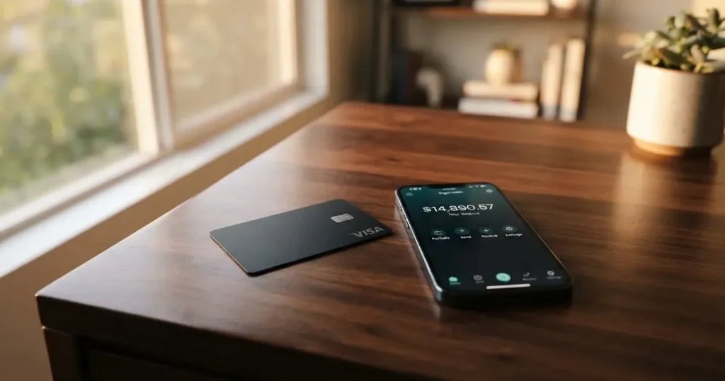 A payment card next to a phone with a crypto wallet app open