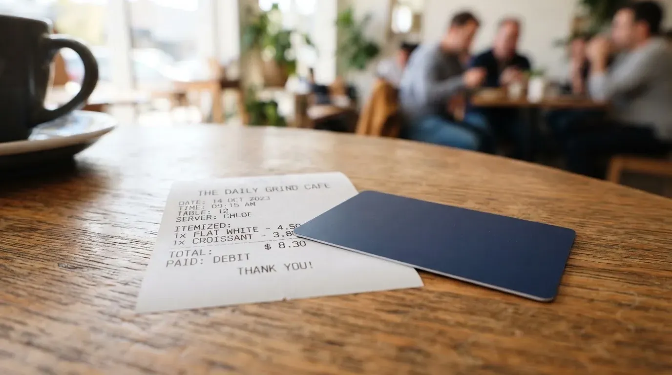 A receipt and a card on a café table