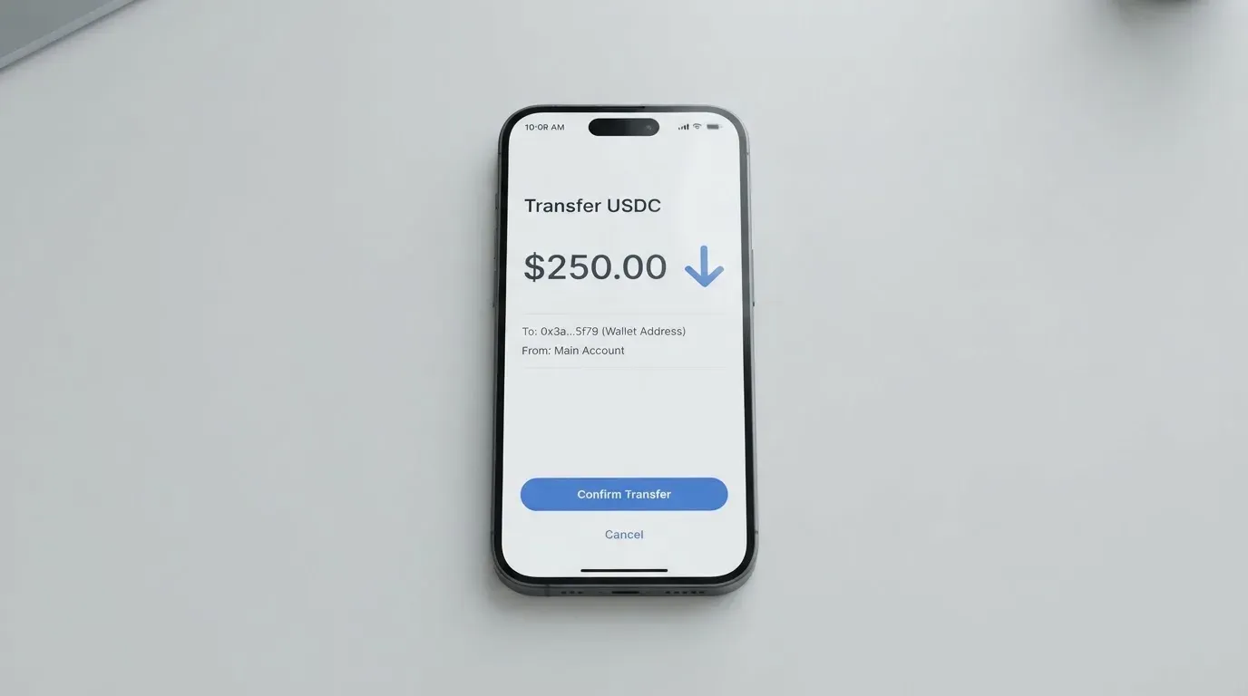 A phone showing a stablecoin transfer screen