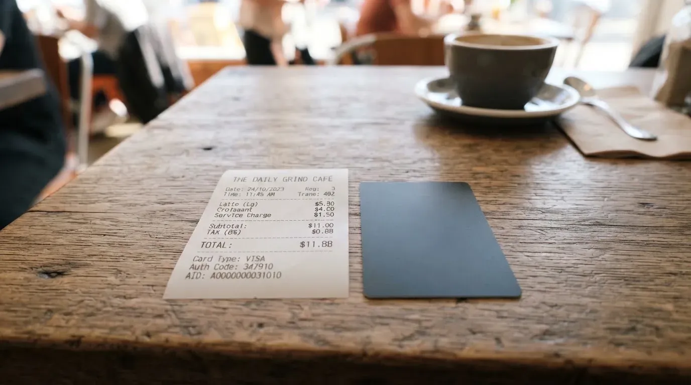 A receipt and a card on a café table