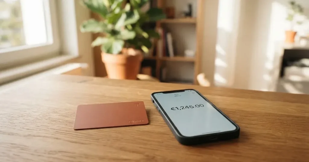 A payment card next to a phone with a crypto wallet app open
