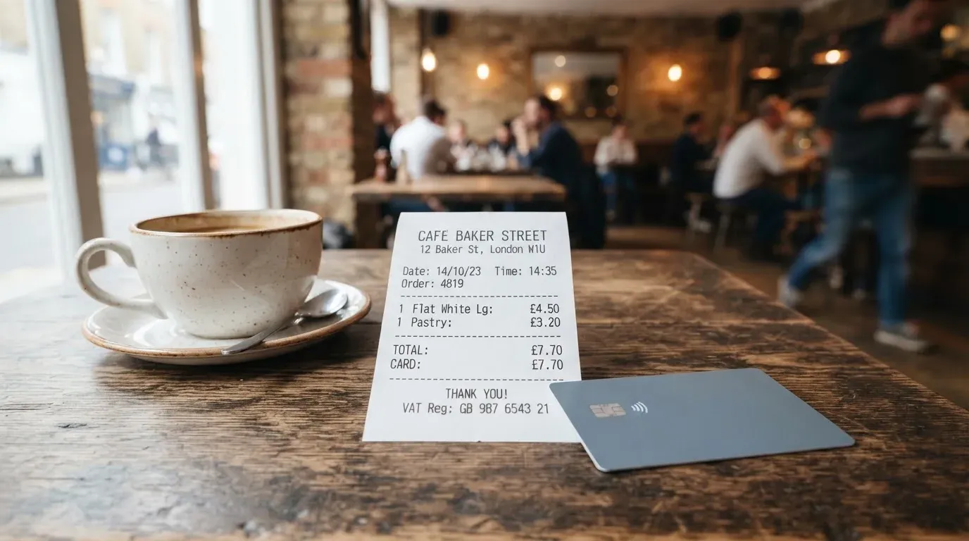 A receipt and a card on a café table