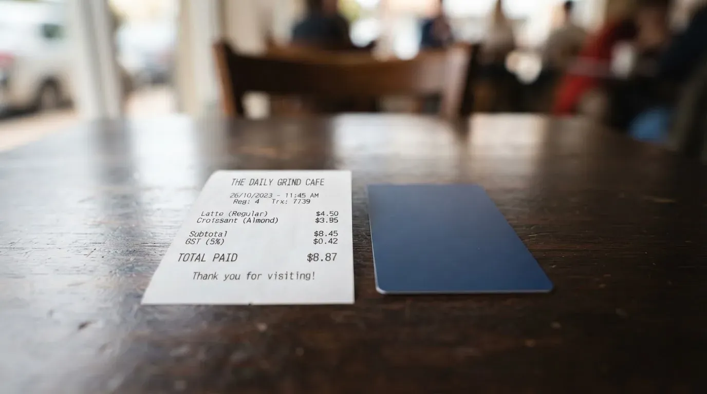 A receipt and a card on a café table