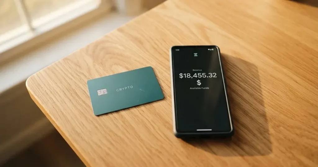 A payment card next to a phone with a crypto wallet app open