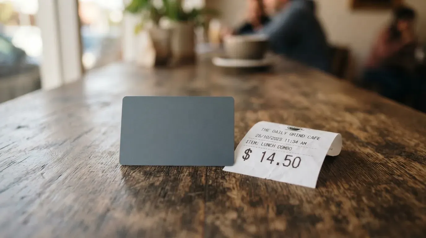 A receipt and a card on a café table