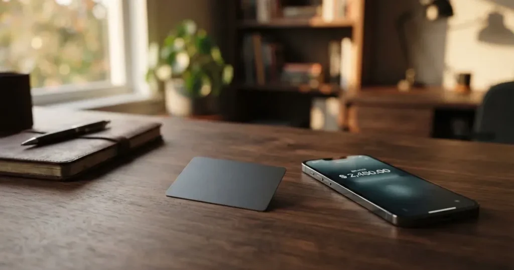A payment card next to a phone with a crypto wallet app open