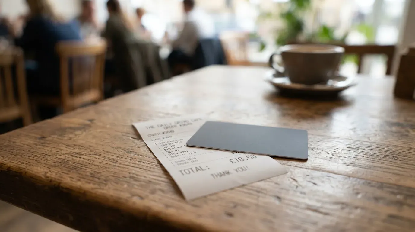 A receipt and a card on a café table