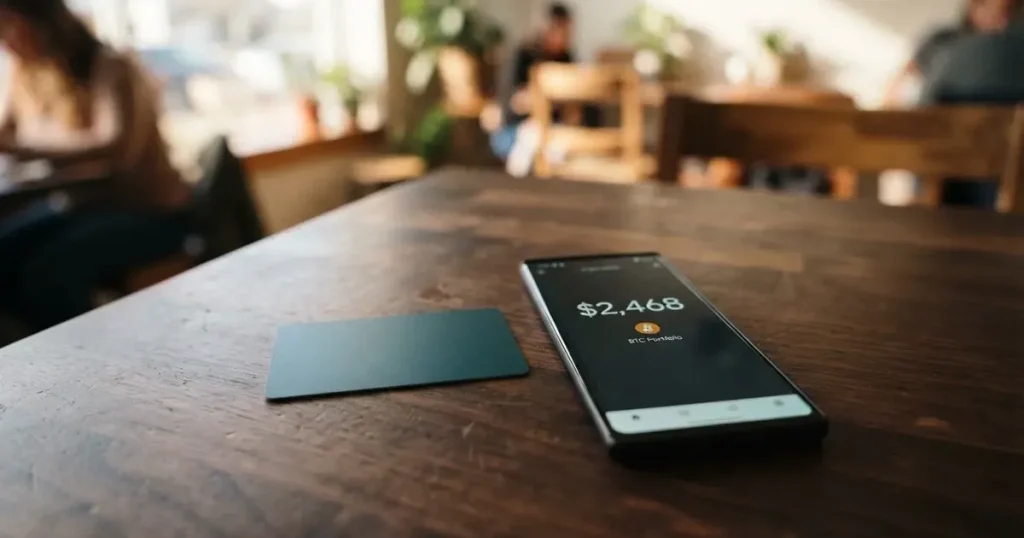 A payment card next to a phone with a crypto wallet app open