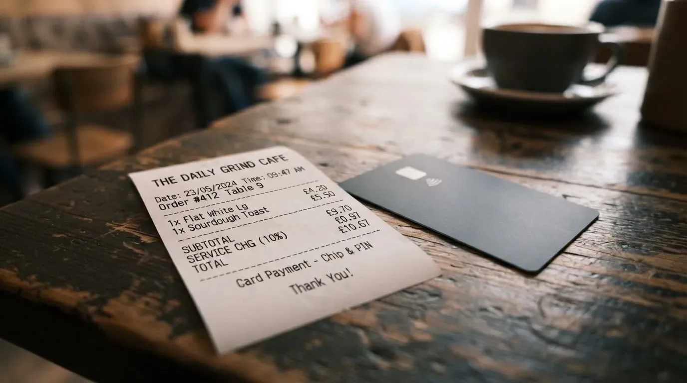 A receipt and a card on a café table
