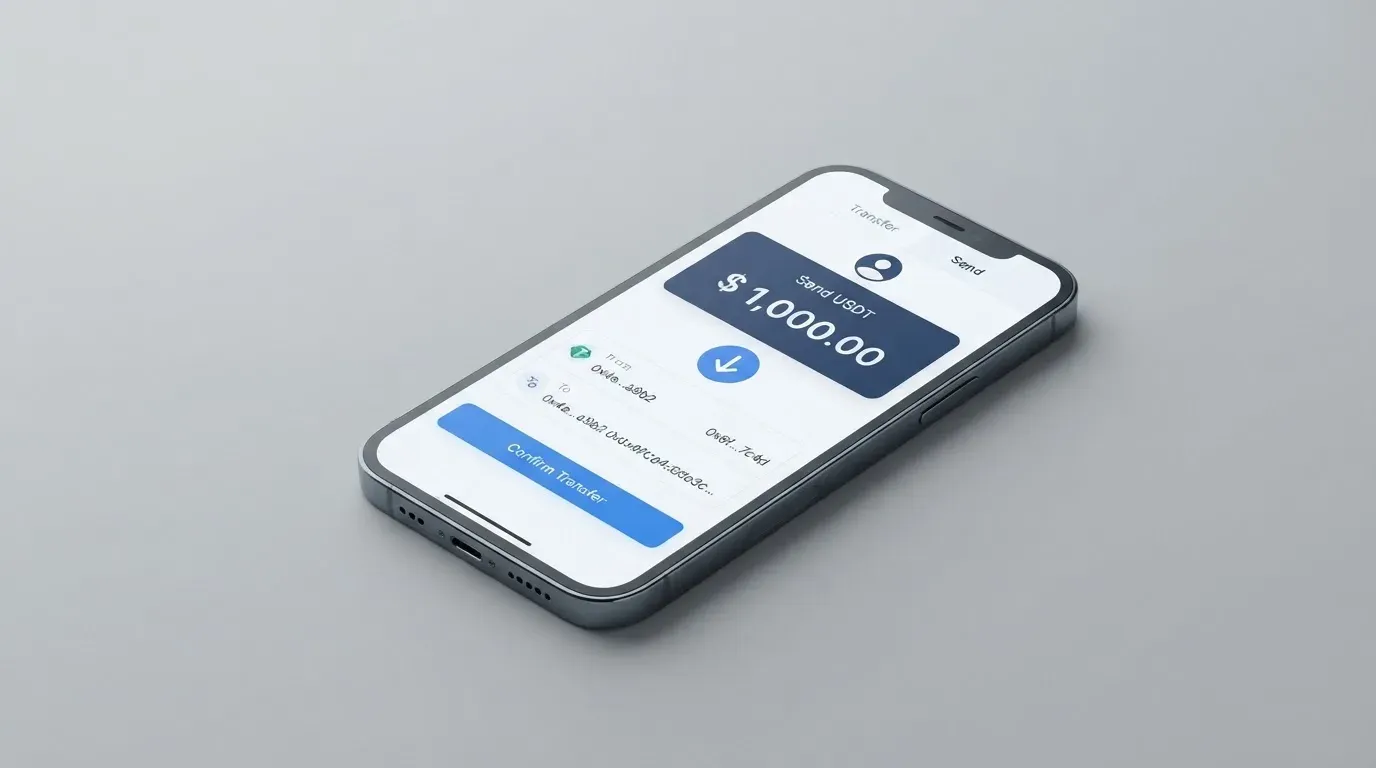 A phone showing a stablecoin transfer screen