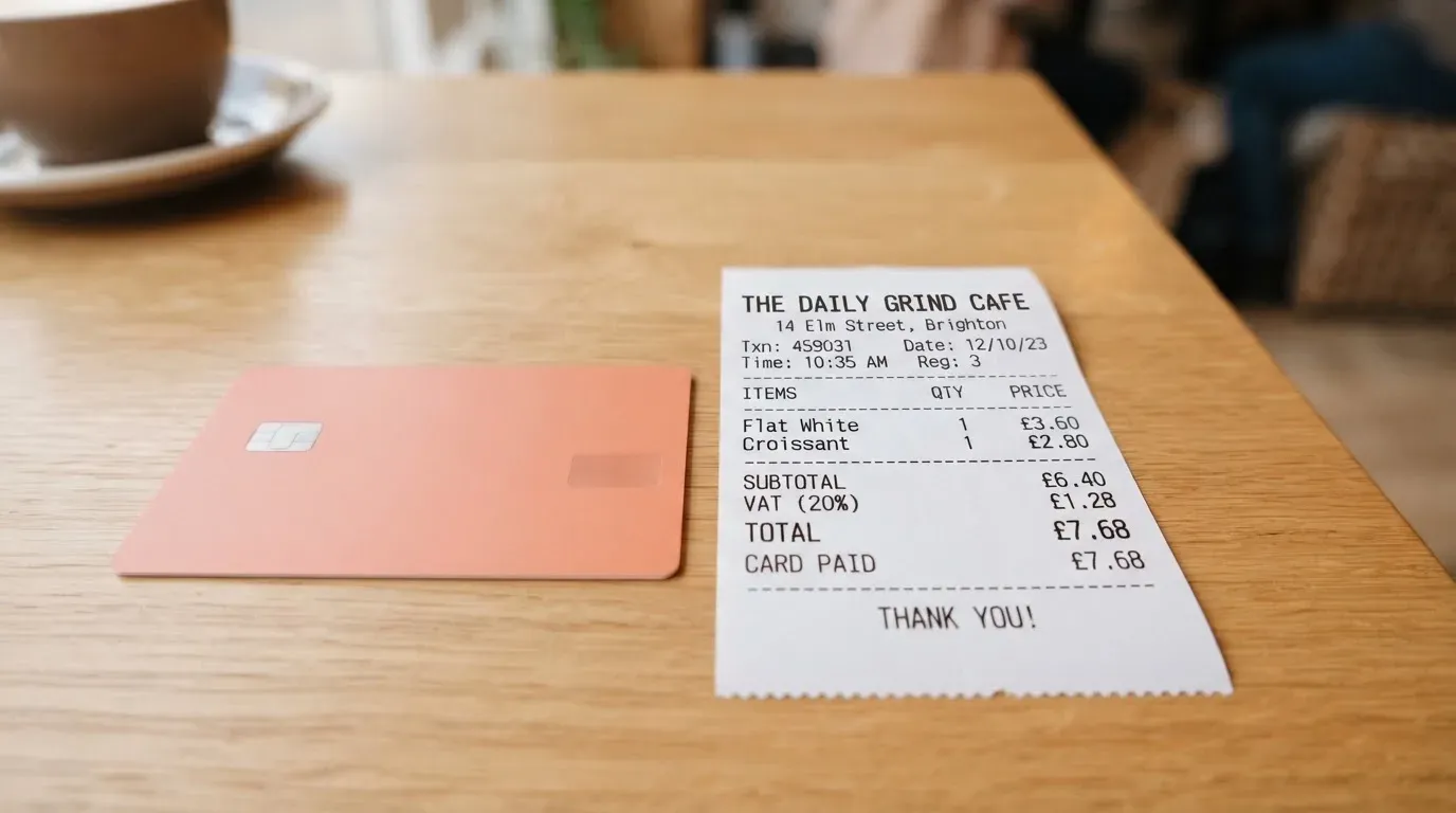 A receipt and a card on a café table