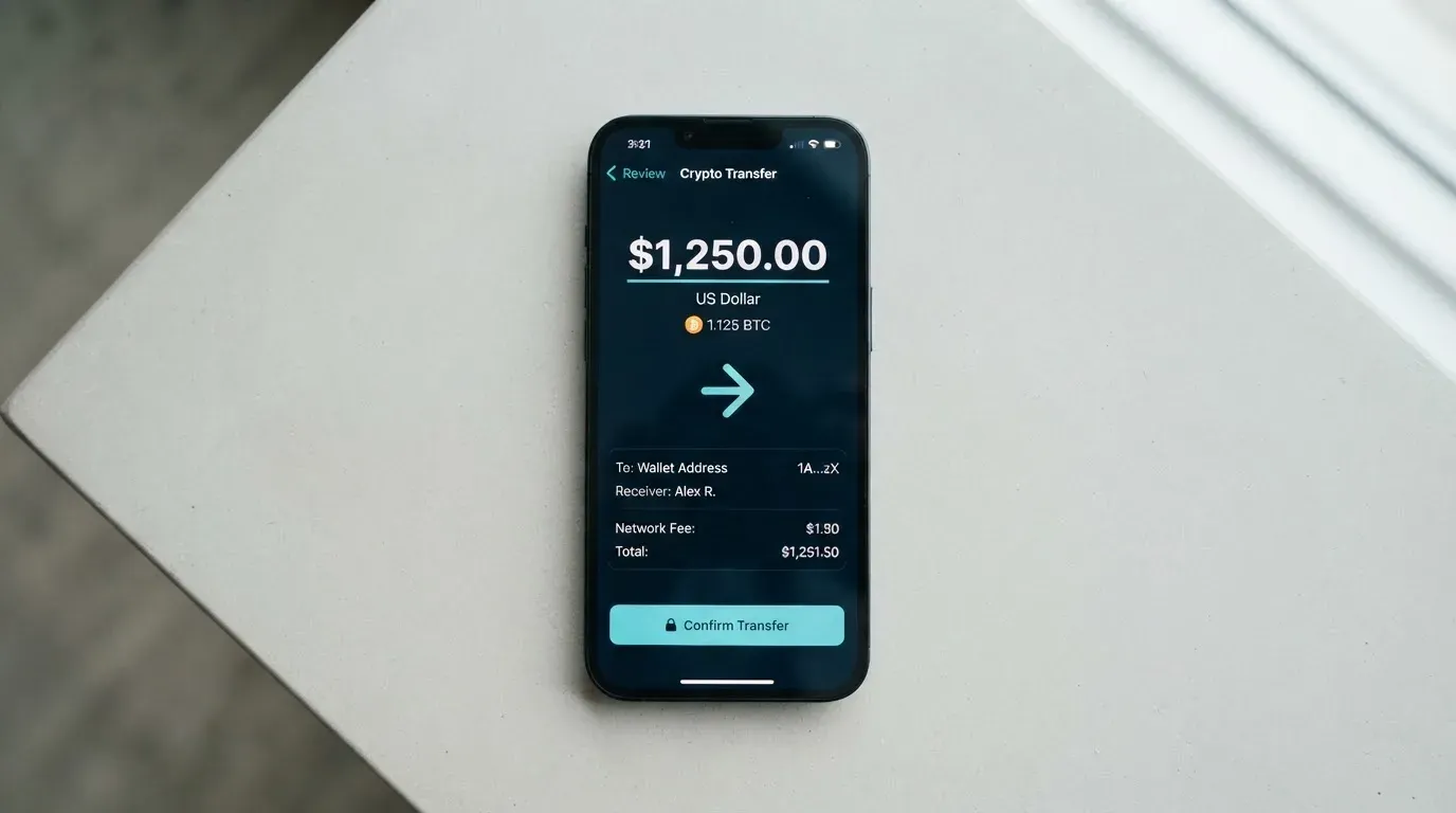 A phone showing a stablecoin transfer screen