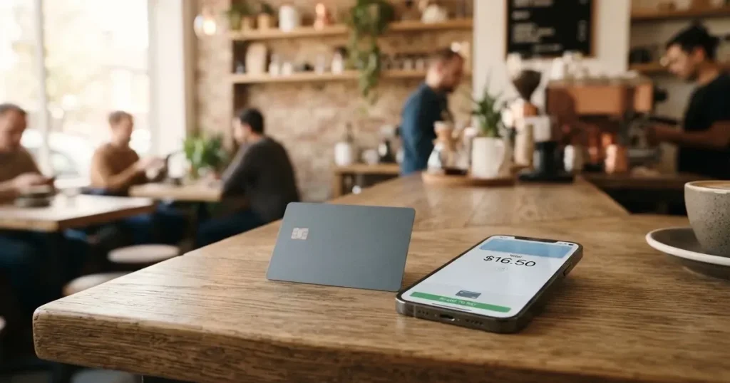 A payment card next to a phone with a crypto wallet app open