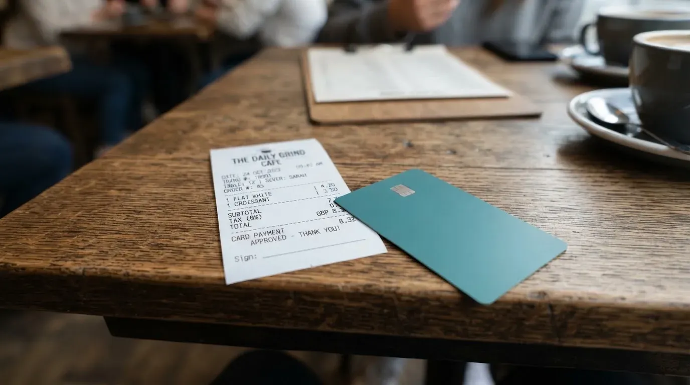 A receipt and a card on a café table